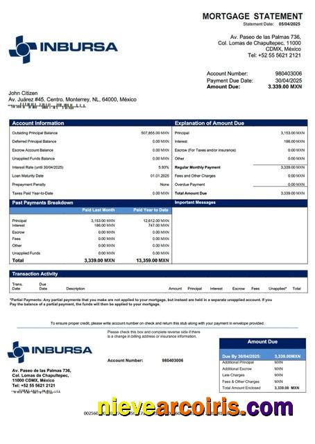Mexico Banco Inbursa mortgage statement Word and PDF template